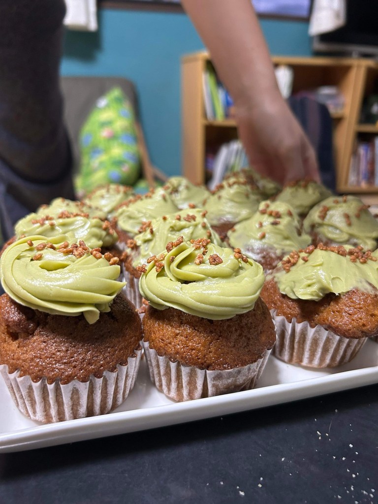 Close-up of carrot cupcakes with genmaicha icing