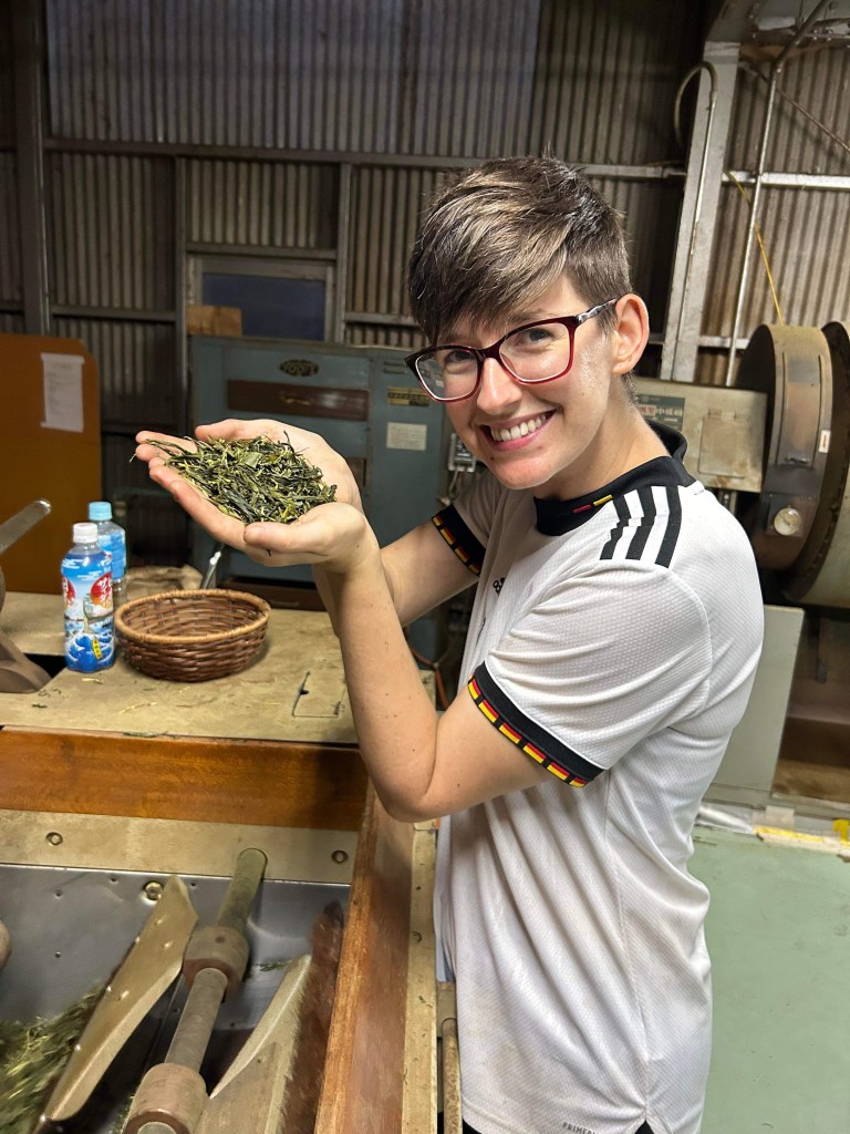 I'm holding a handful of leaf above the shaping machine