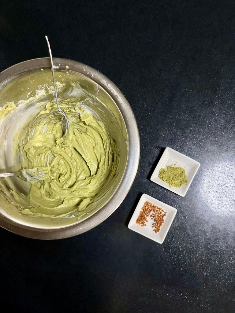 Genmaicha cream cheese frosting, with trays of genmai and genmaicha powder