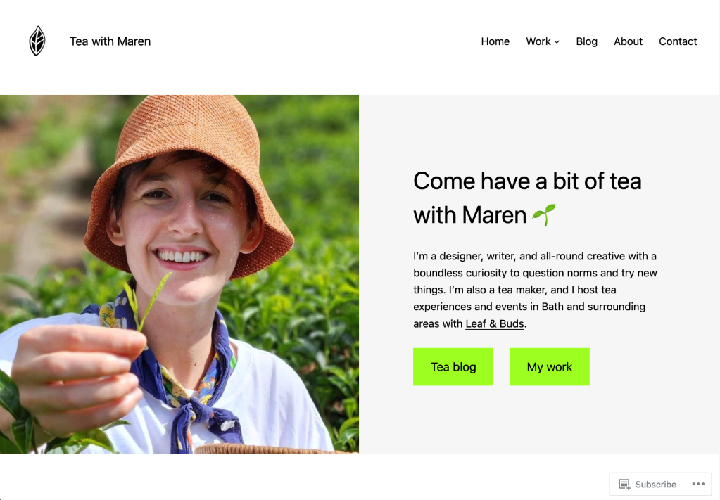 Screenshot of the Tea with Maren website homepage