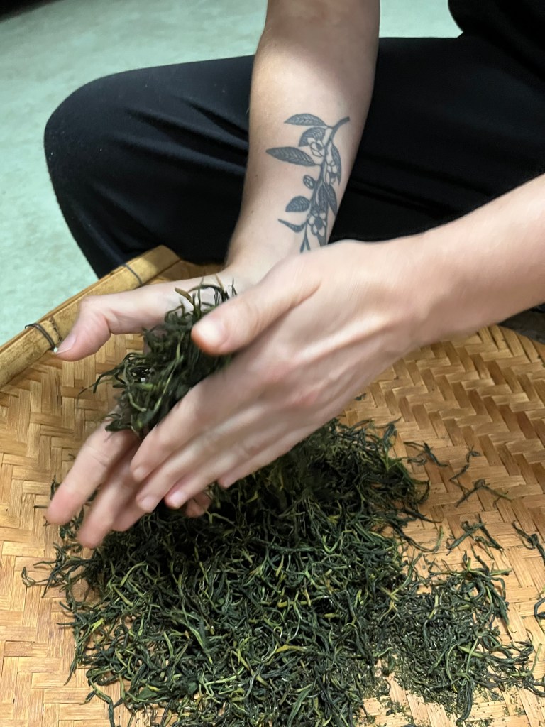 Close-up of Maren's hands rolling tea leaves in a bamboo tray